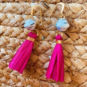 Bright pink and gold dangle earrings